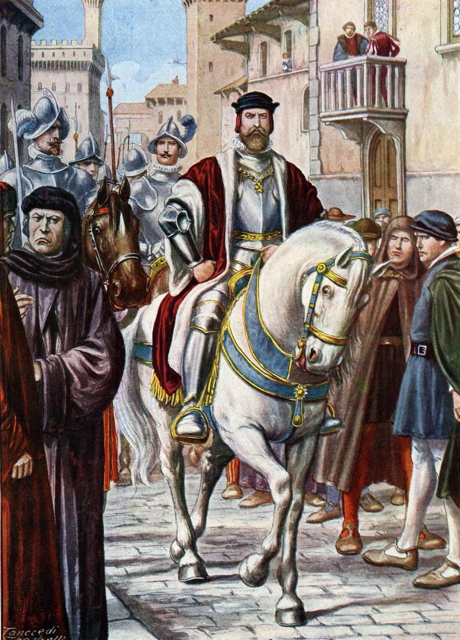 Porträt von Cosimo I. von Toskana, durch die Straßen von Florenz gehend, umgeben von Mitgliedern seiner Miliz von Tancredi Scarpelli