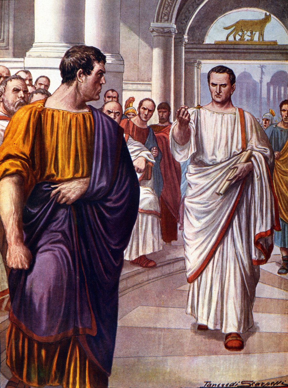 Der römische Staatsmann Cicero (Marcus Tullius Cicero) (106-43 v. Chr.) trifft auf den Verschwörer Catilina (Lucius Sergius Catilina) (108-62 v. Chr.), den er 63 v. Chr. in den Reden der Catilinarien anklagt. Illustration von Tancredi Scarpelli (1866-1937) von Tancredi Scarpelli