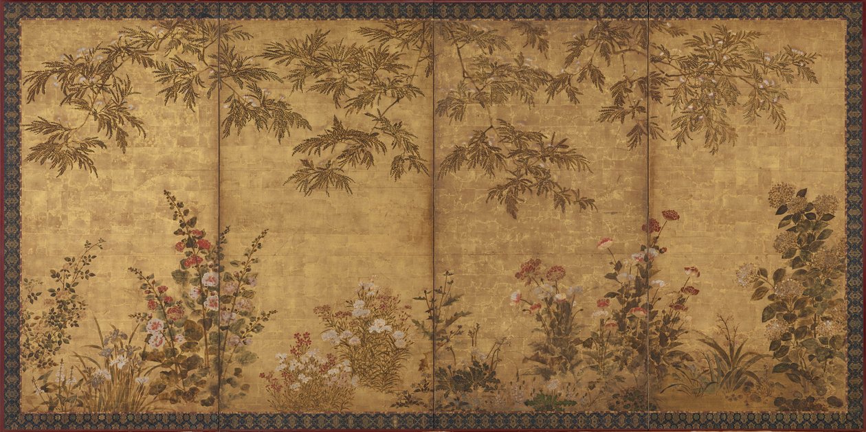 Mimosenbaum, Mohnblumen und andere Sommerblumen, Edo-Periode, 1630-1670 von Tawaraya Sosetsu