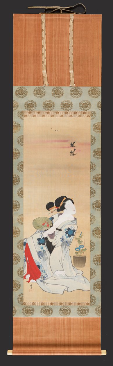 Schönheit mit einem Fächer neben einem Topf mit Prunkwinde, ca. 1830-44 von Teisai Hokuba