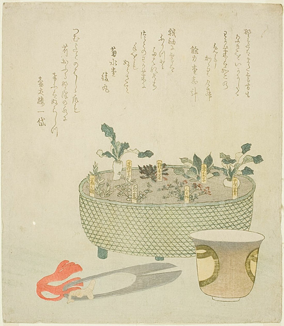 Die sieben Kräuter (Nanakusa), mit Schere und Teetasse von Teisai Hokuba