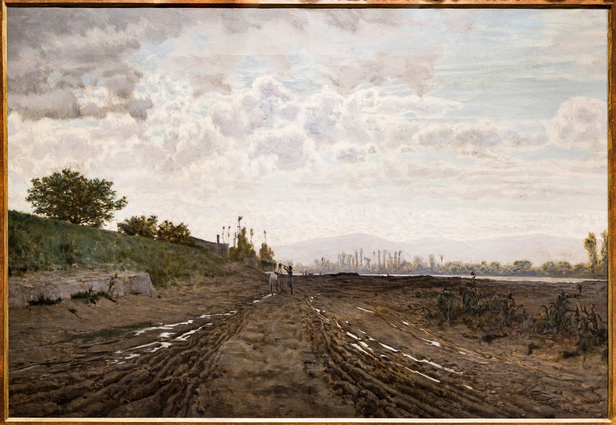 Ein Morgen am Fluss Arno. Sandgräber am Arno (um 1868) von Telemaco Signorini