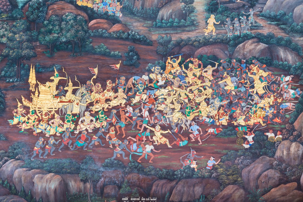 Wandgemälde mit Szenen aus dem Ramayana im Wat Phra Kaeo, dem Königlichen Großen Palast, Bangkok, Thailand von Thai School