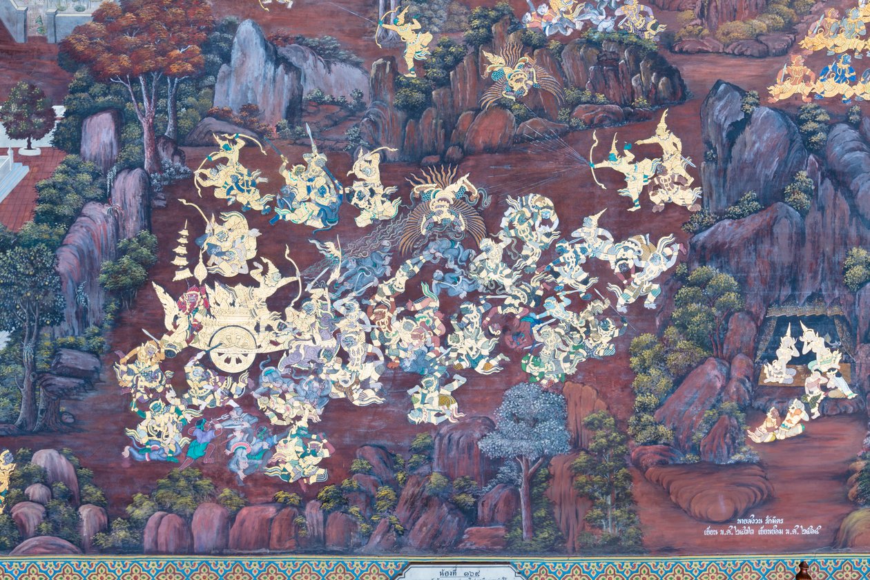 Wandgemälde mit Szenen aus dem Ramayana im Wat Phra Kaeo, dem Königlichen Großen Palast, Bangkok, Thailand von Thai School