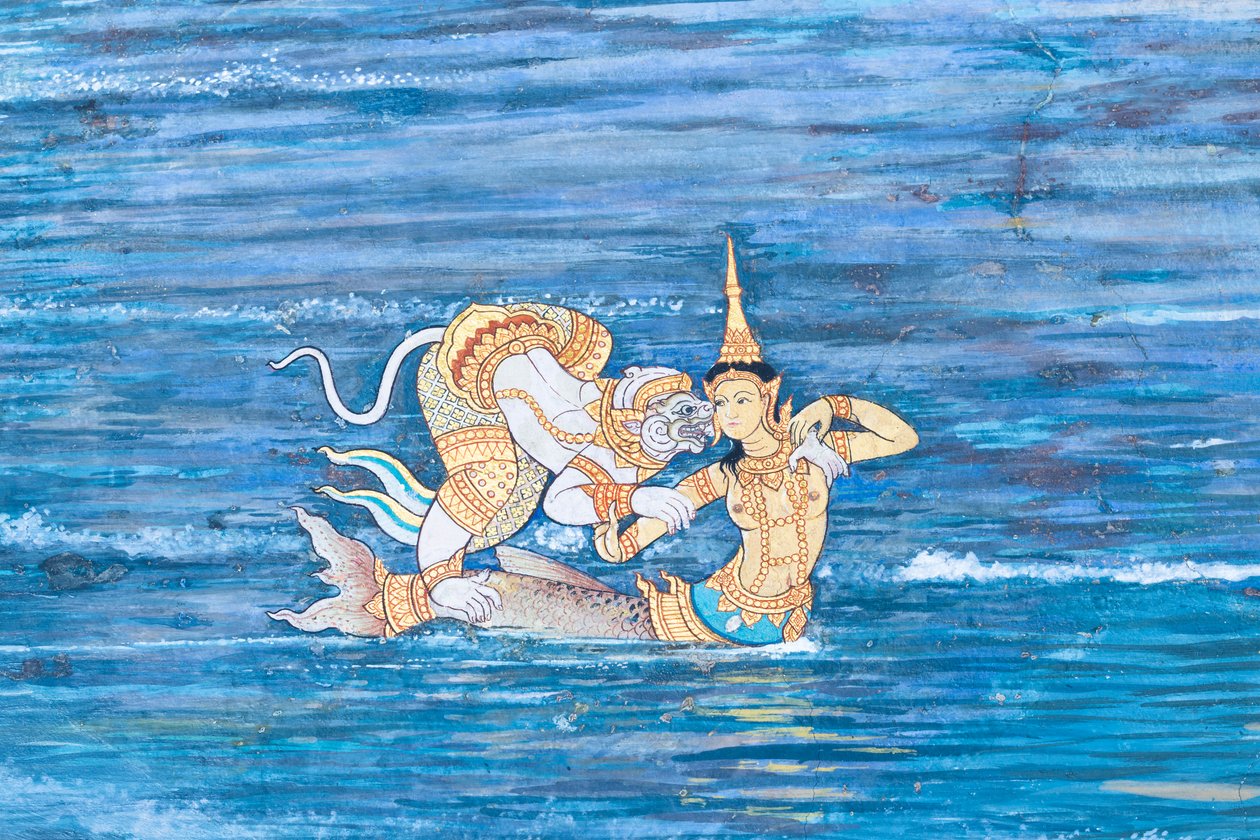 Wandgemälde mit Szenen aus dem Ramayana im Wat Phra Kaeo, dem Königspalast, Bangkok, Thailand von Thai School