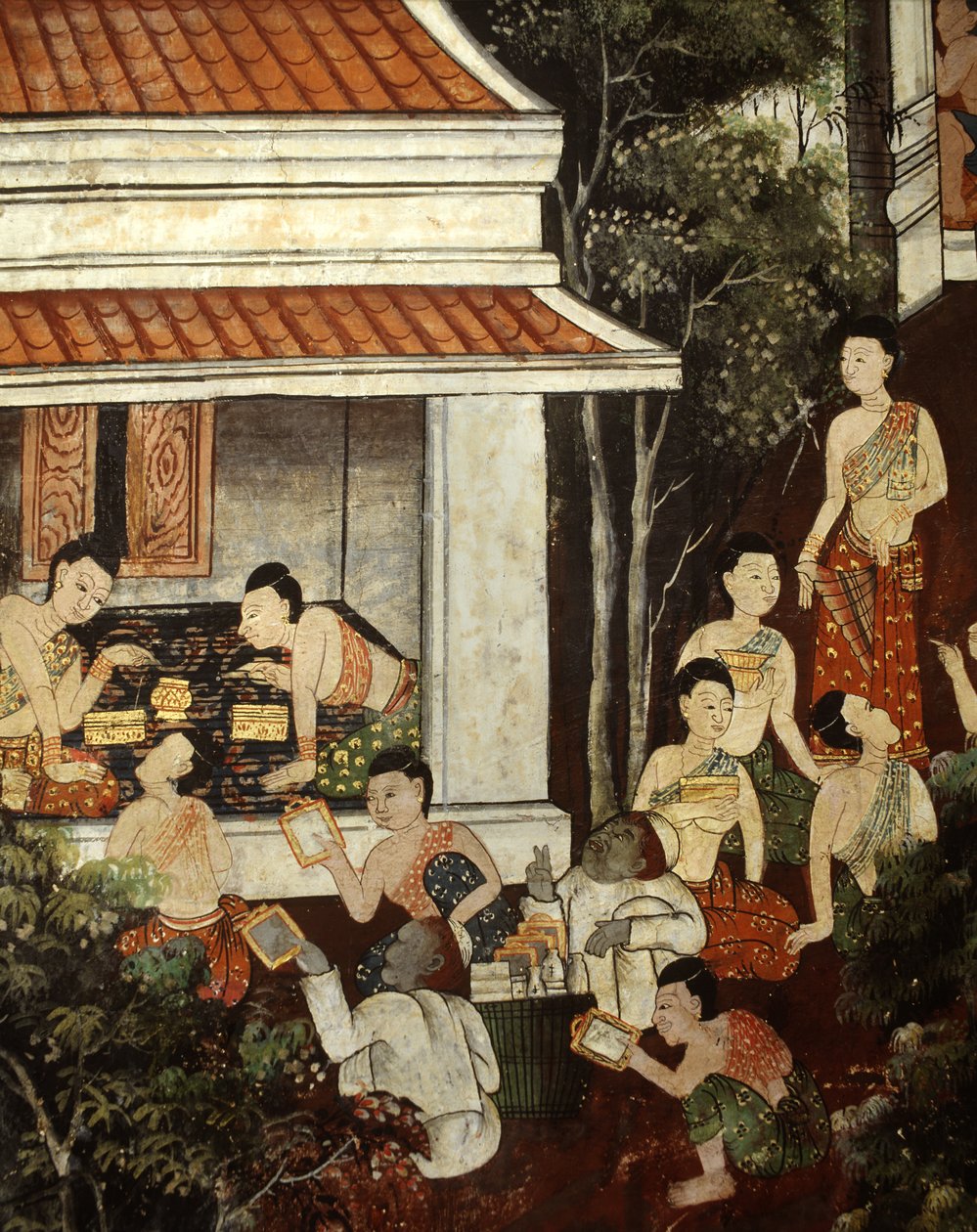 Palastdamen kaufen Schmuck und Spiegel von muslimischen Händlern, Rattanakosin-Stil von Thai School