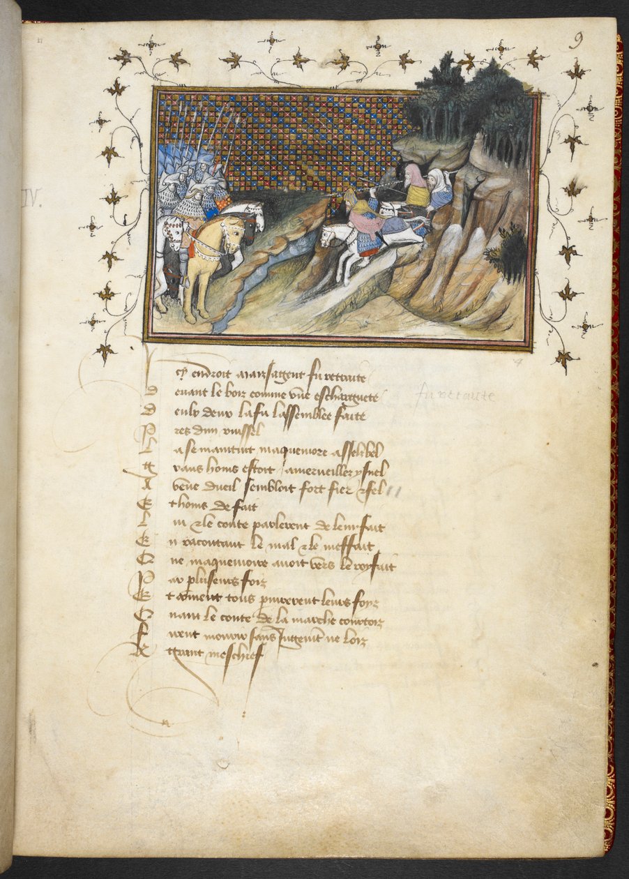 MacMorogh, der irische Häuptling, nähert sich dem Herzog von Gloucester, MS Harley 1319, f.9r von The Virgil Master