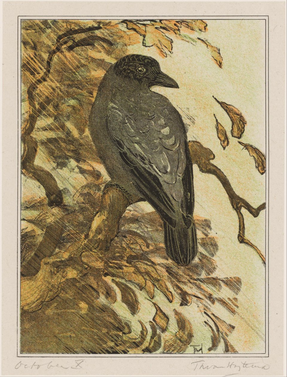 Bunte Krähe auf einem Ast von Theo van Hoytema (signed by artist)