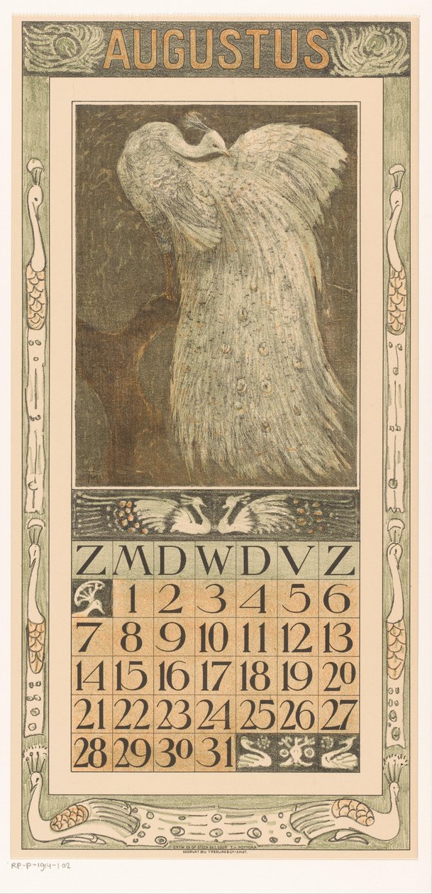 Kalenderblatt August mit weißem Pfau von Theo van Hoytema