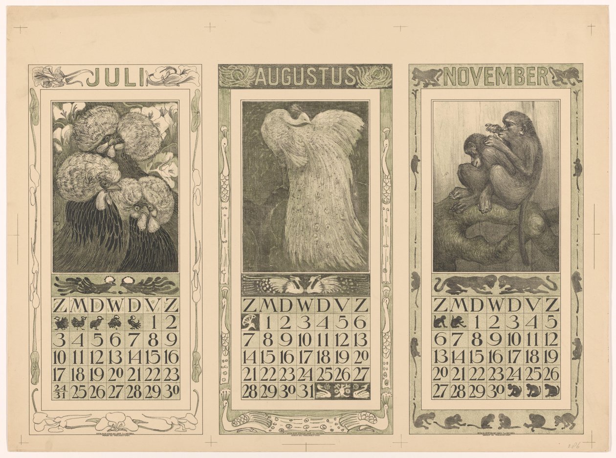 Kalender für Juli, August und November 1910 von Theo van Hoytema