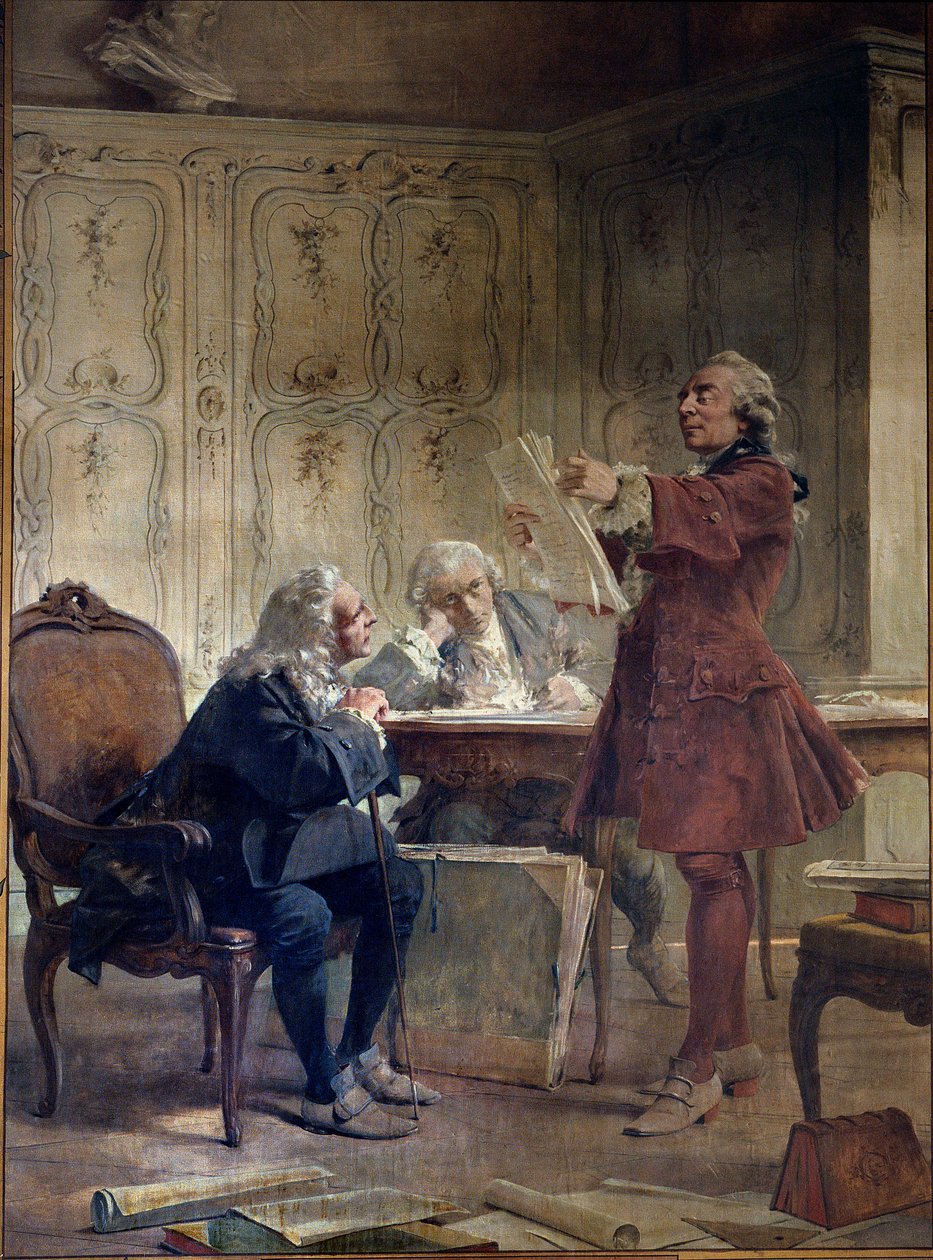 Der Naturforscher und Intendant des Jardin du roi Georges-Louis Leclerc, Graf von Buffon (1707-1788), liest die ersten Blätter seines Naturgeschichtswerks vor dem Botaniker Bernard de Jussieu (1699-1777) und dem Naturforscher Edme-Louis Daubenton (1732-17 von Theobald Chartran
