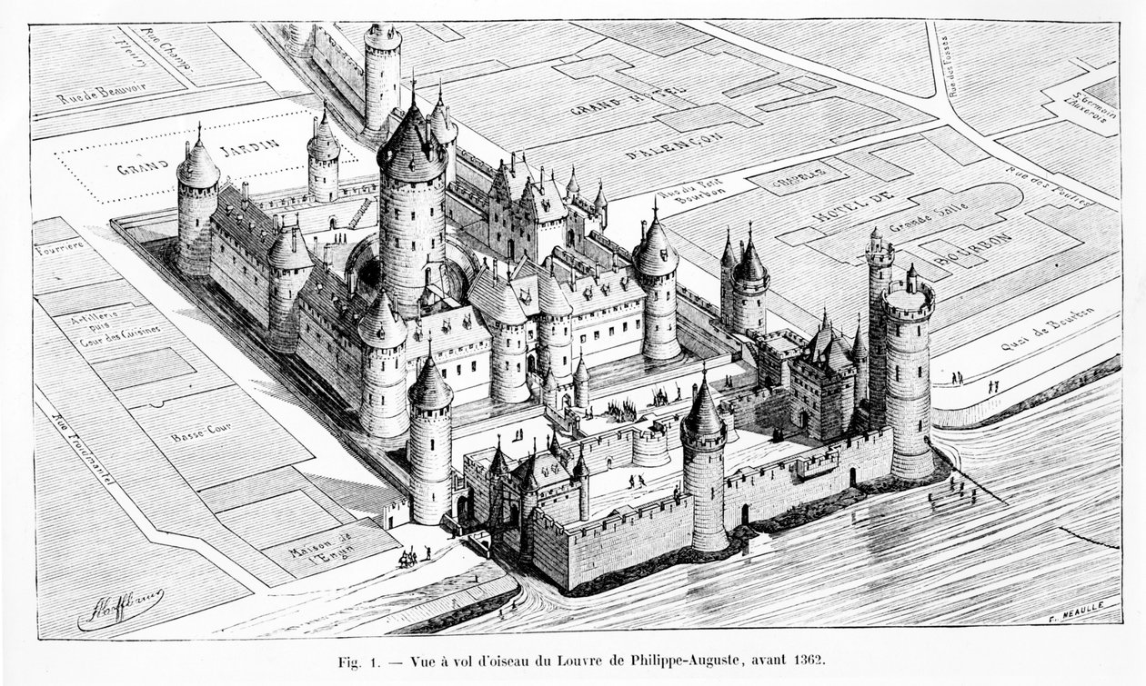 Vogelperspektive des Louvre während der Herrschaft von Karl V. (1464-80), 1882 von Theodor Josef Hubert Hoffbauer