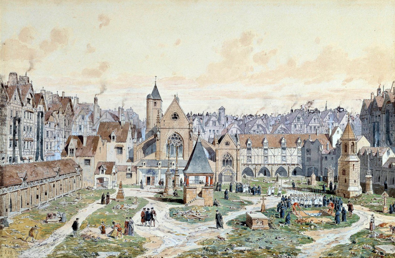 Ansicht des Friedhofs der Unschuldigen in Paris im Jahr 1550 von Theodor Josef Hubert Hoffbauer