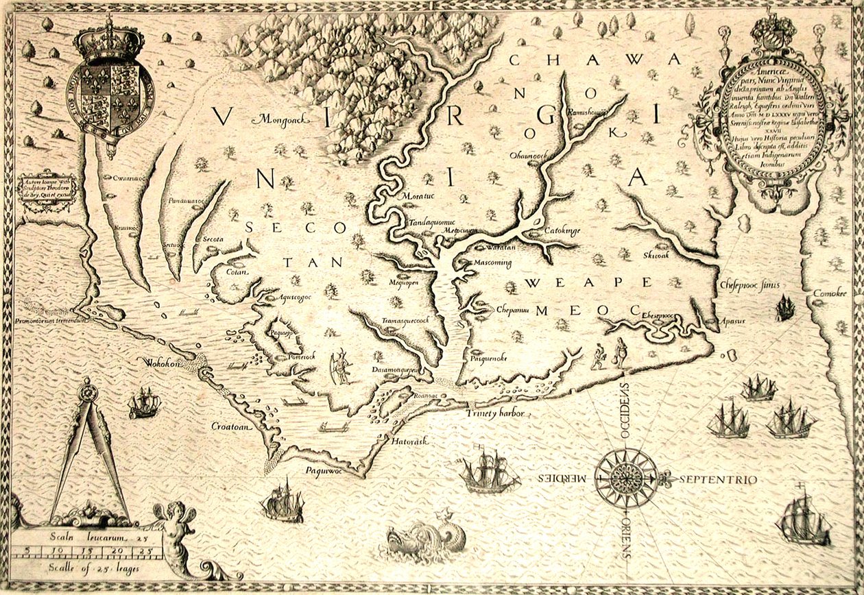 Karte von 1590, graviert von Theodore de Bry nach einem Aquarell des englischen Kolonisten John White, Gouverneur von Roanoke. Virginia und Küste mit kleinen Inseln und Roanoke an der Flussmündung. Secotan und Weapemeoc Indianergebiete. von Theodor de Bry