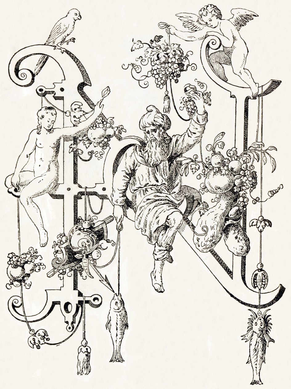 N - Der weise Natham - Alphabet von T. de Bry (neues künstlerisches Alphabet) von Theodor de Bry