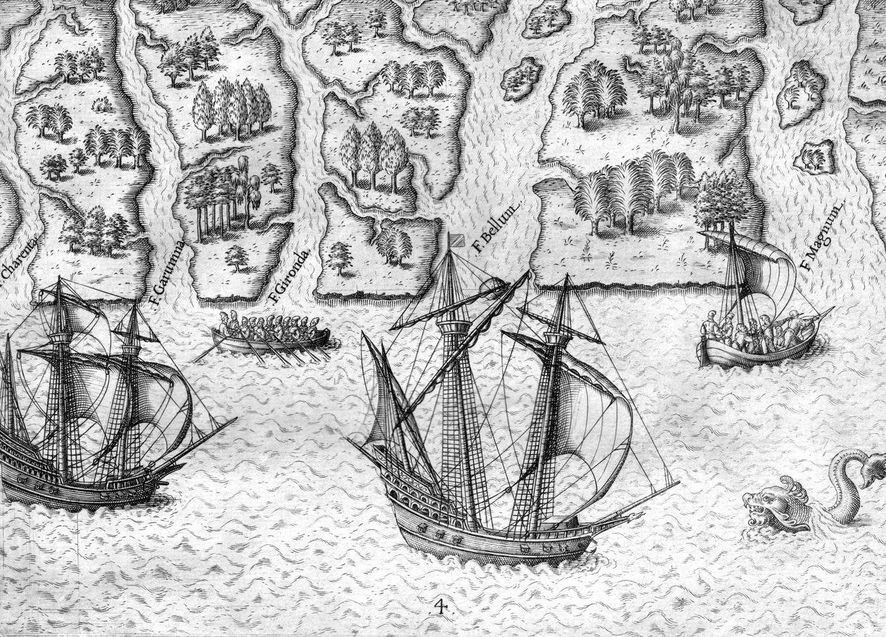 Die französischen Forscher erkunden sechs Flüsse an der Küste Floridas von Theodor de Bry