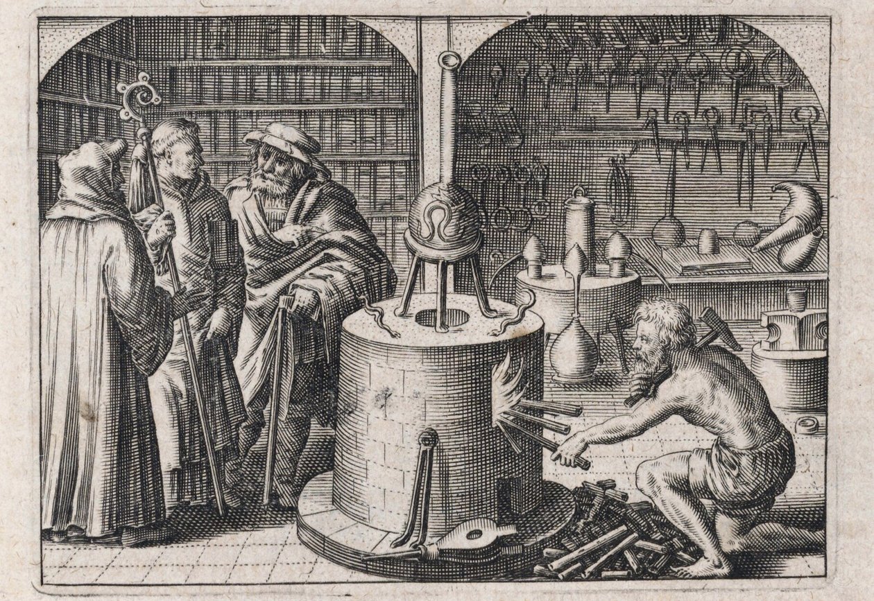 Drei Gelehrte im Alchemielabor mit Ofen und Instrumenten von Theodor de Bry
