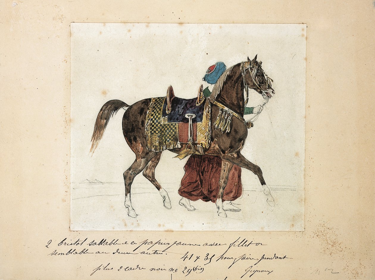 Ein geschirrtes Pferd, geführt von einem Mameluken, zwei Pyramiden im Hintergrund von Theodore Gericault