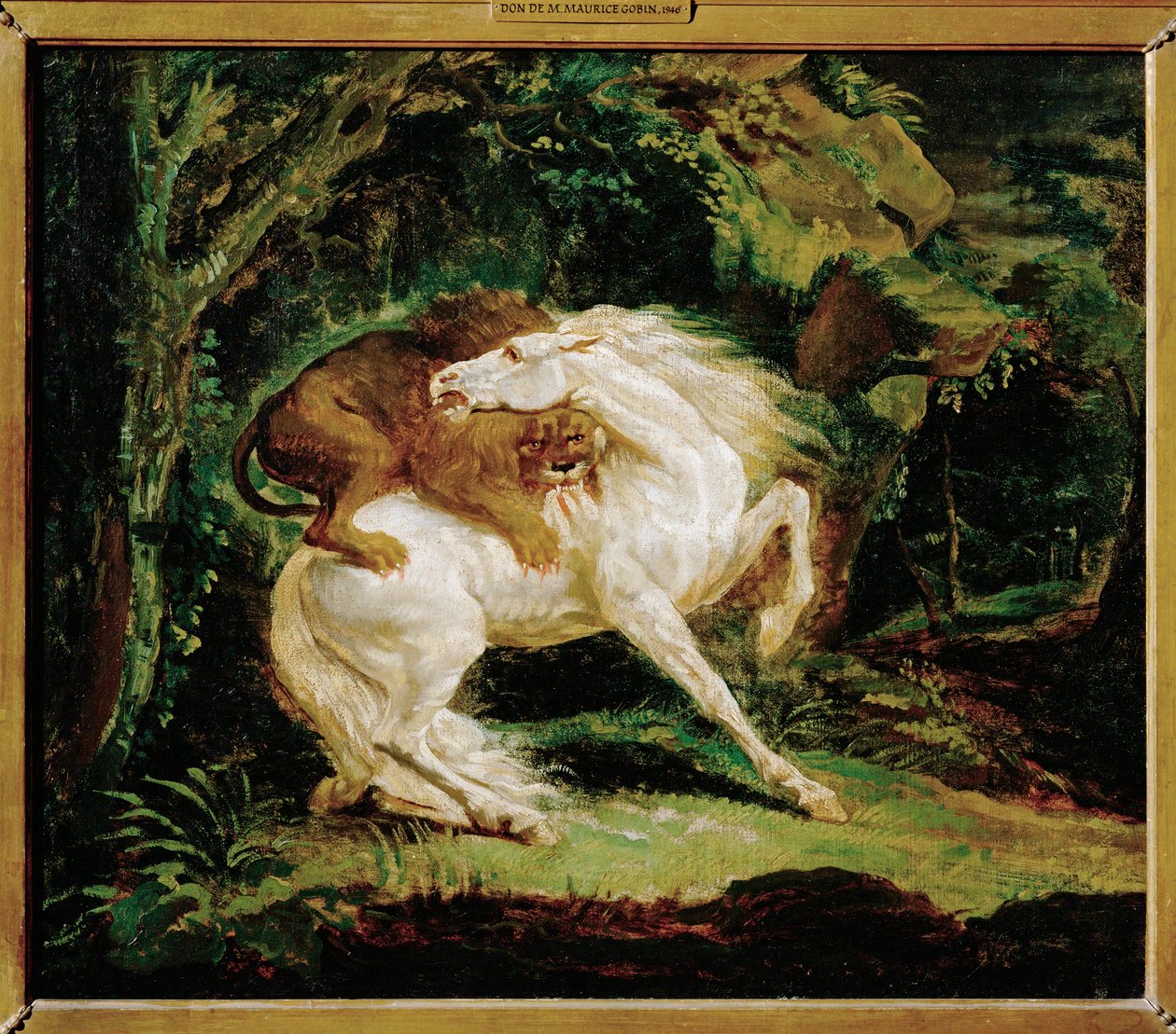 Pferd von einem Löwen angegriffen, nach einer Radierung von Laurie und ...