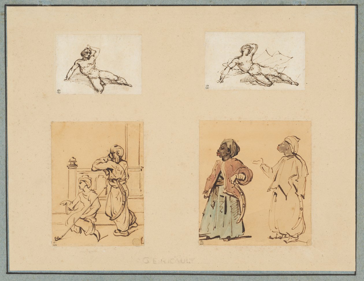 Vier Zeichnungen: Zwei liegende männliche Akte und zwei Studien osmanischer Figuren von Theodore Gericault