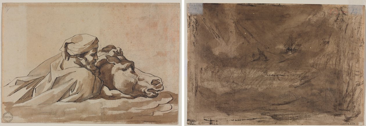Mann, der ein Pferd im Wasser hält, nach Poussins Sintflut (recto); Kompositionsstudie (möglicherweise für Poussins Sintflut) (verso), ca. 1816 von Theodore Gericault