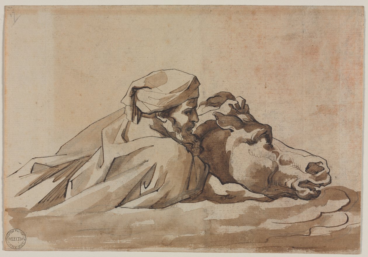Mann, der ein Pferd im Wasser hält, nach Poussins "Sintflut" (recto) von Theodore Gericault