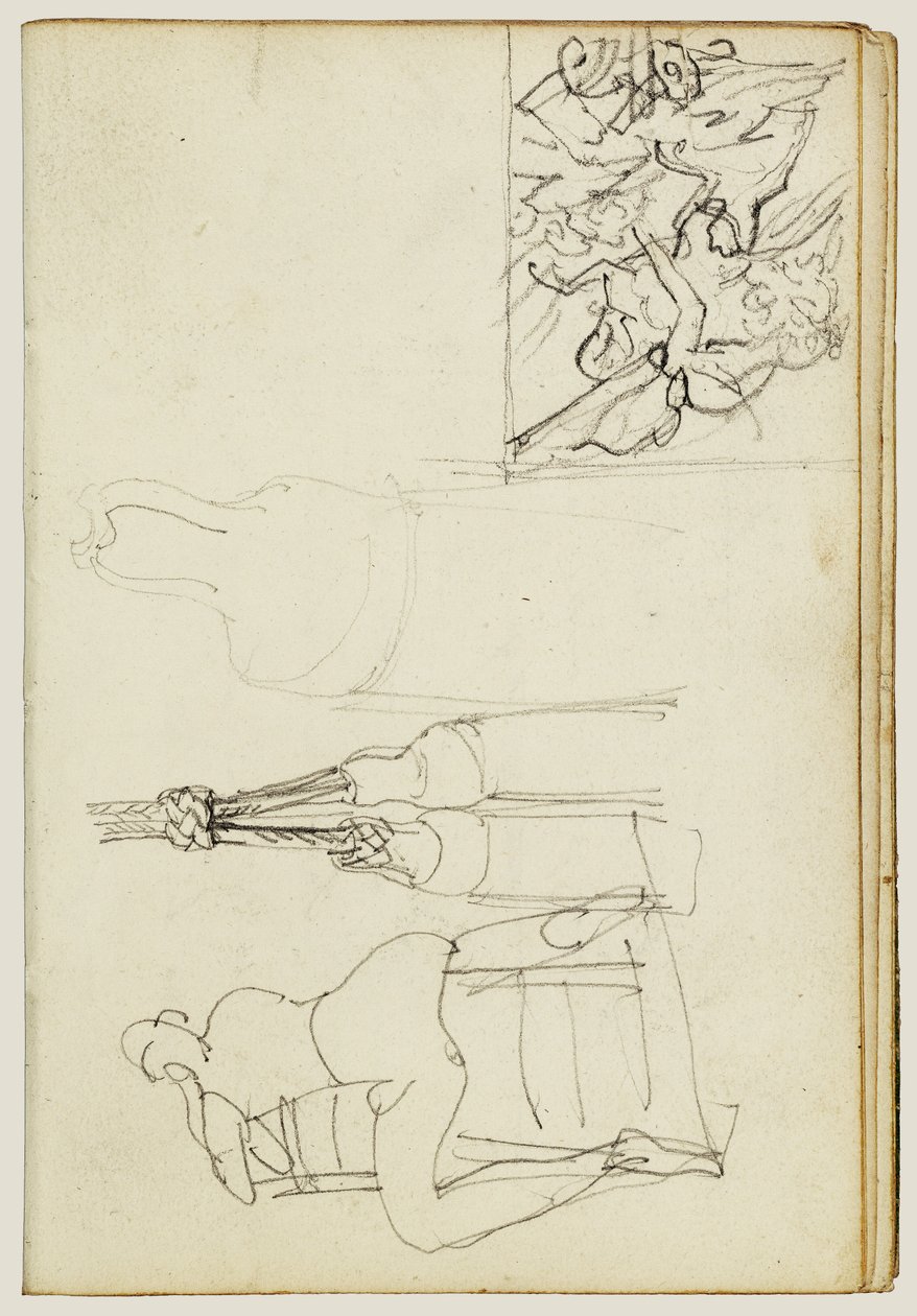 Quasten, sitzende Figur von hinten, Daumenstudie des angreifenden Chasseurs von Theodore Gericault