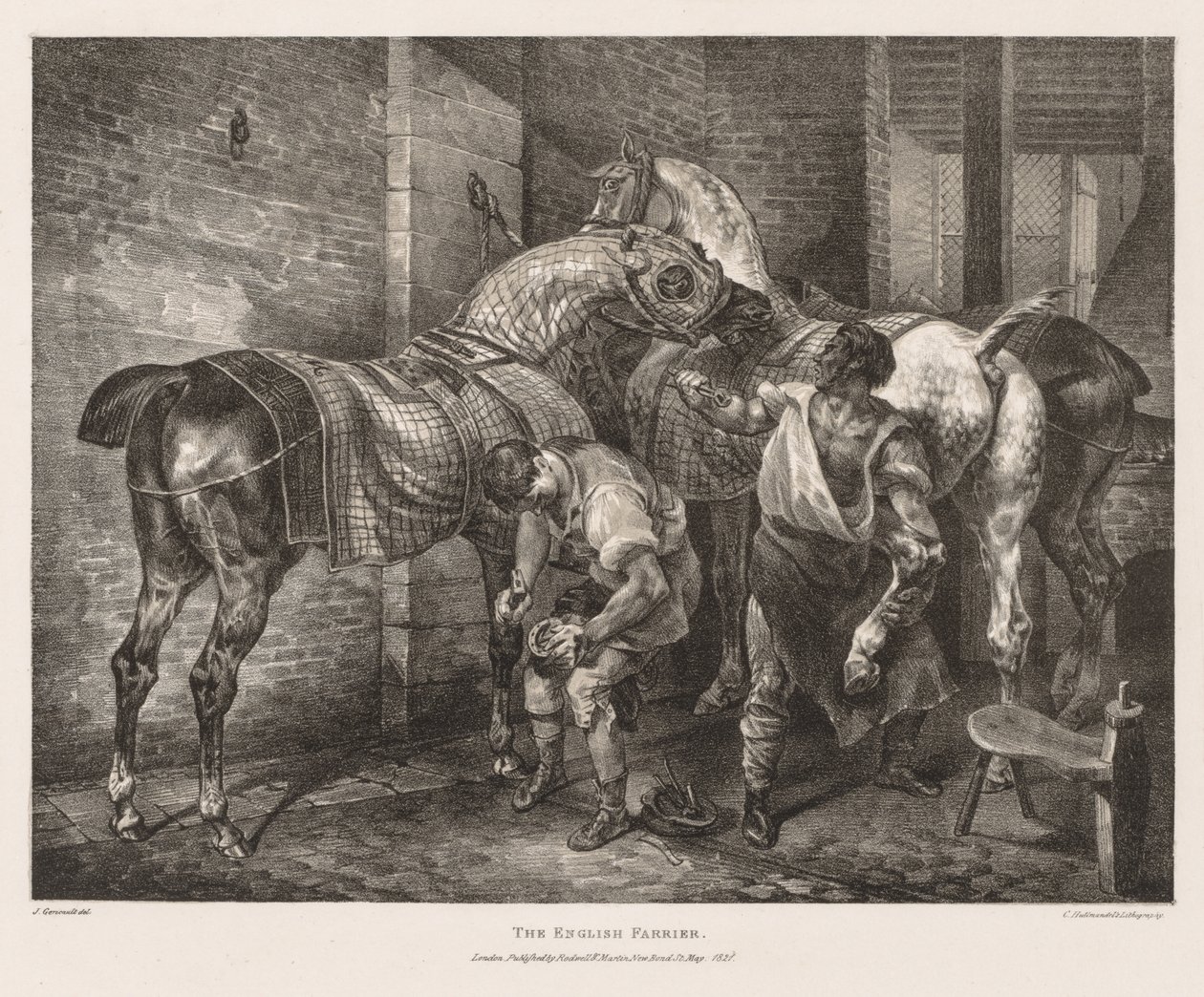 Verschiedene Motive aus dem Leben gezeichnet und auf Stein: Der englische Hufschmied, 1821 von Theodore Gericault
