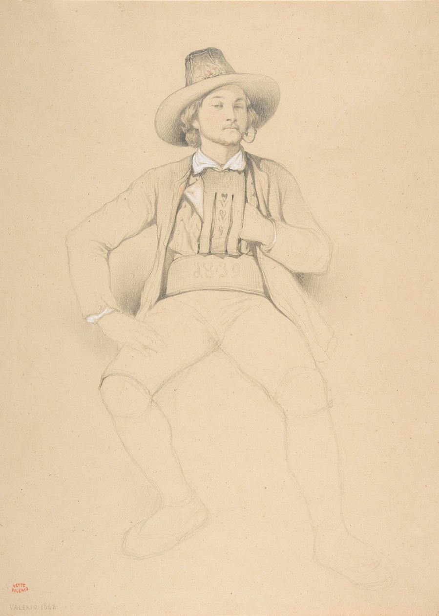 Ein Mann in Tiroler Tracht, sitzend, raucht eine Pfeife von Theodore Valerio