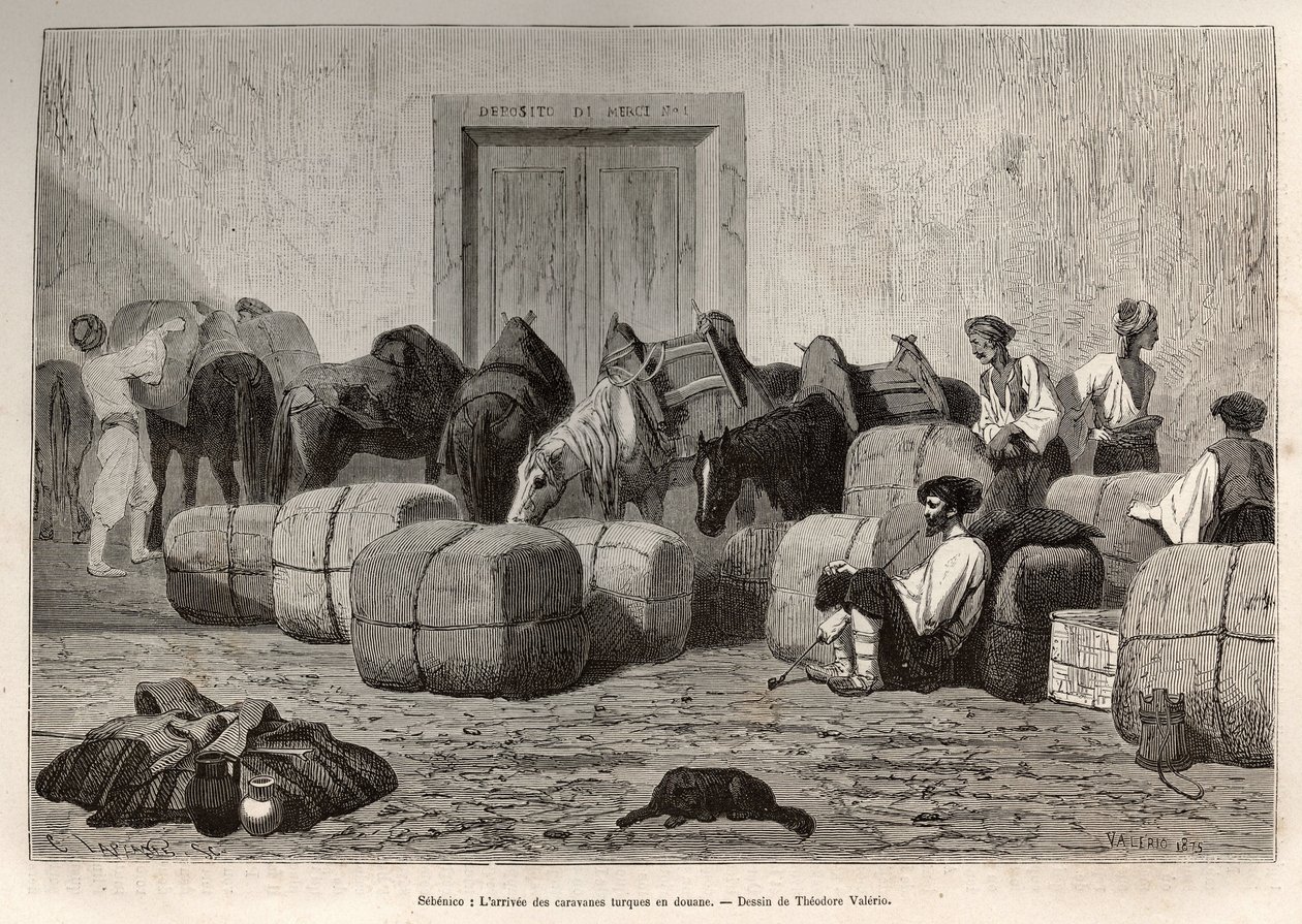 Wenn türkische Karawanen am Zoll von Sebenico (Serbien) ankommen, entladen die Handelsreisenden die Ballen vom Rücken ihrer Kamele, um die Menge und Art der Waren zu überprüfen. Gravur nach der Zeichnung von Theodore Valerio, zur Illustration einer Geschic von Theodore Valerio