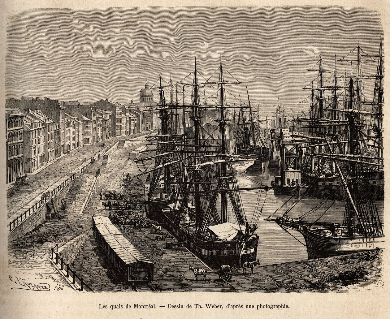 Die Kais von Montreal, Gravur nach einer Zeichnung von Th. Weber, die den Ausflug nach Kanada und zur Riviere Rouge du nord, von H. De Lamotte, 1873, illustriert, veröffentlicht in „Le tour du monde“ 1875, herausgegeben von Edouard Charton, Hachette-Ausgab von Theodore Weber