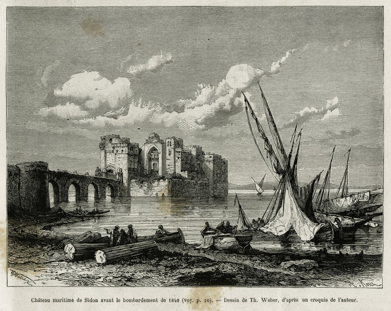 Das maritime Schloss von Sidon vor der Bombardierung von 1840. Gravur von Th. Weber, zur Illustration der Geschichte La Syrie d