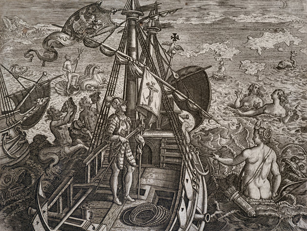 Allegorie der Reise von Christoph Kolumbus zur Entdeckung der Neuen Welt, Gravur von Theodor de Bry von Theodore de Bry