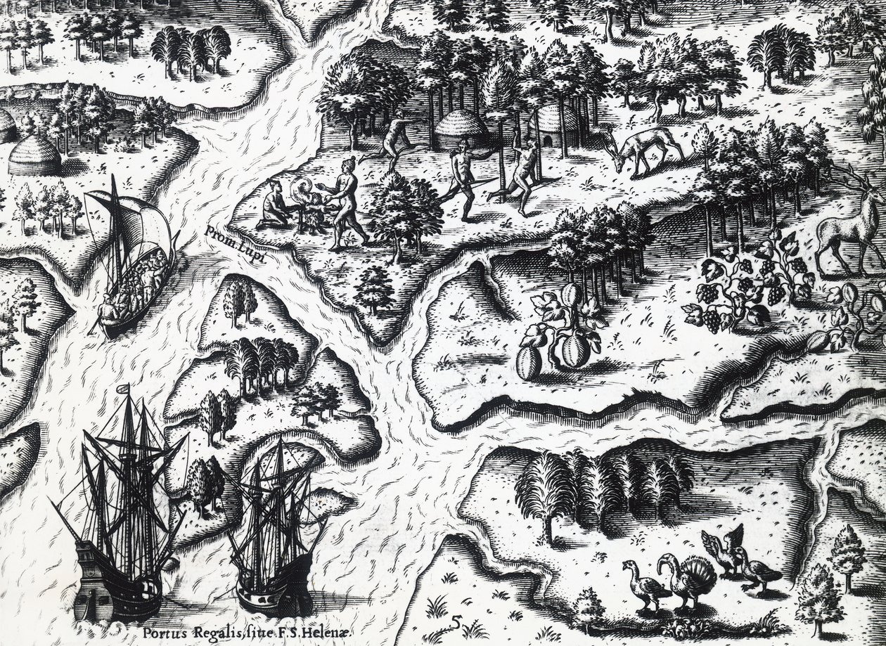 Ankunft der Franzosen in Port Royal im Jahr 1564, von Theodor de Bry (1528-1598) nach einem Gemälde von Jacques le Moyne de Morgues (ca. 1533-vor 1588), Stich von Theodore de Bry