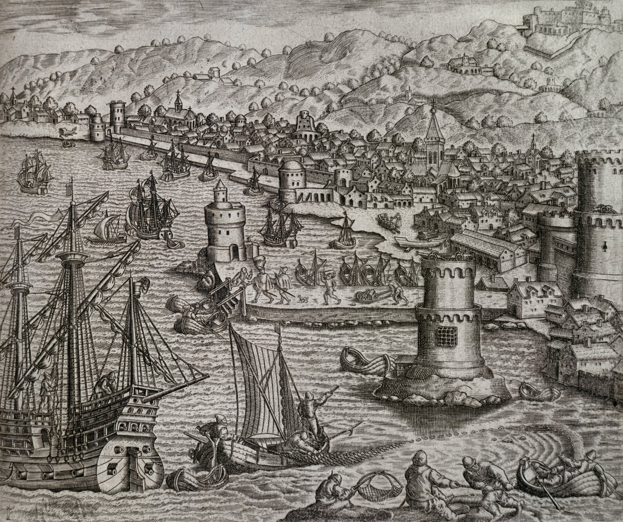 Ankunft von Girolamo Benzoni im Hafen von Las Palmas während seiner Reise nach Amerika (1541), Kanarische Inseln, Gravur von Theodor de Bry (1528-1598) von Theodore de Bry