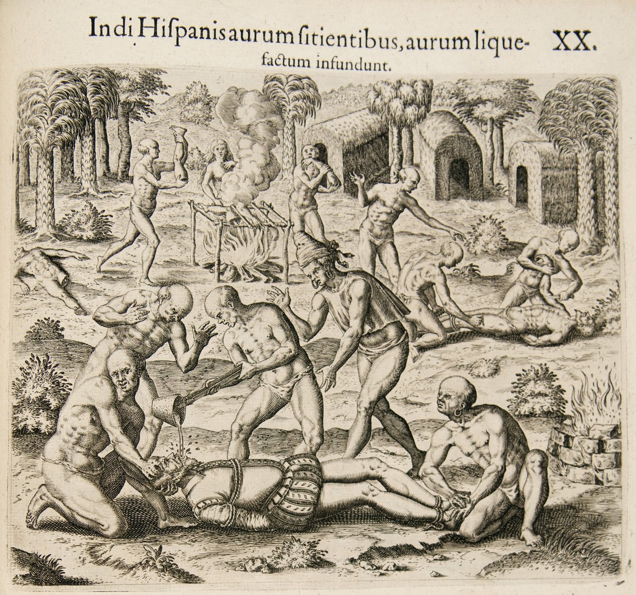 Weil die Spanier nach Gold dürsten, gießen die Indianer flüssiges Gold in sie. Aus: Americae pars qv von Theodore de Bry