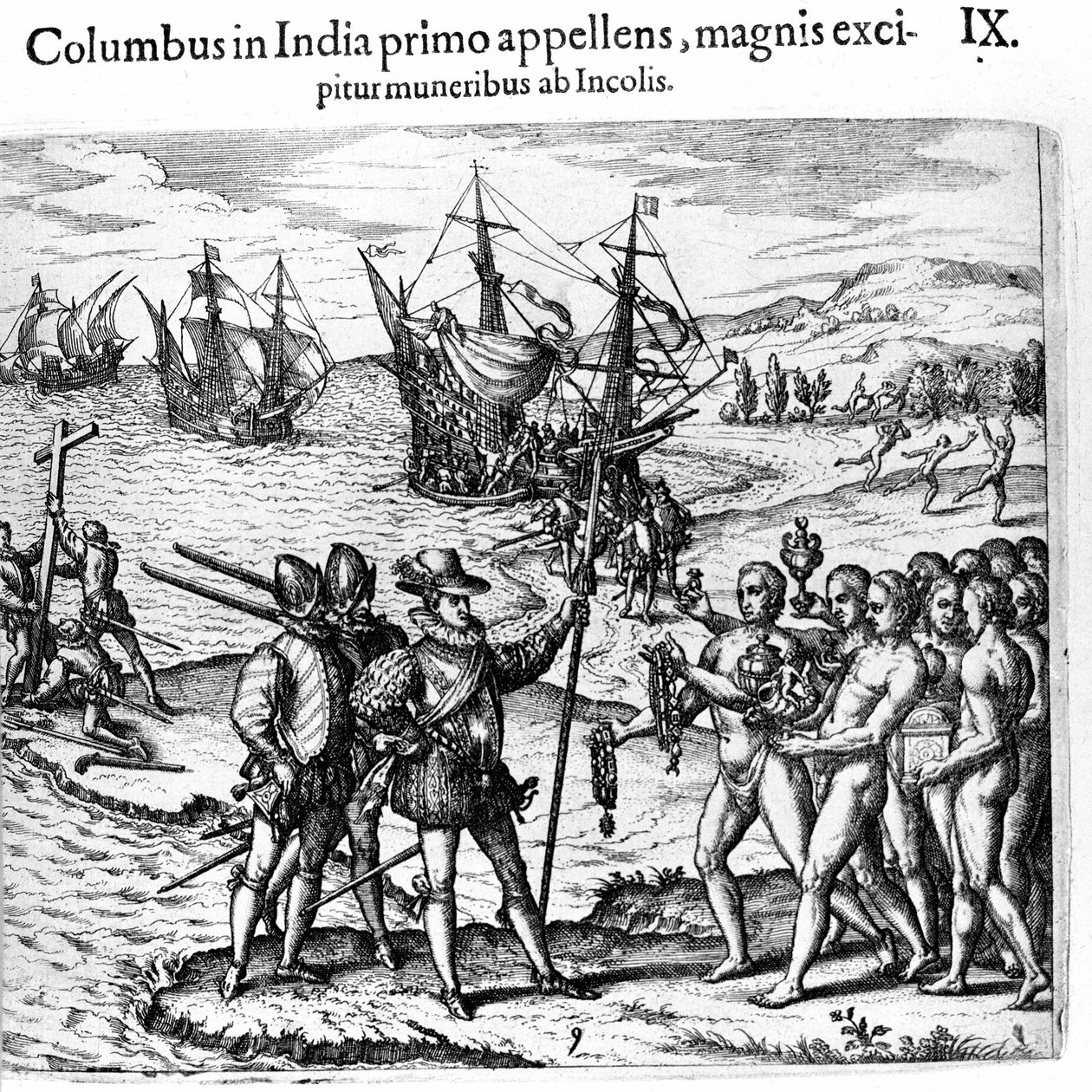 Christoph Kolumbus erreicht die Westindischen Inseln (Gravur von Theodore de Bry in Admirante Narratio - Americae) von Theodore de Bry