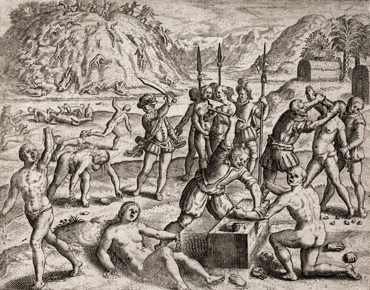 Beschreibung der von spanischen Siedlern an Indianern verübten Verbrechen - Konquistadoren massakrieren ein indianisches Dorf. Amputationen der Hände - Gravur von Theodore de Bry in „Narratio regionum indicarum per Hispanos quosdam devastatarum verissima“  von Theodore de Bry