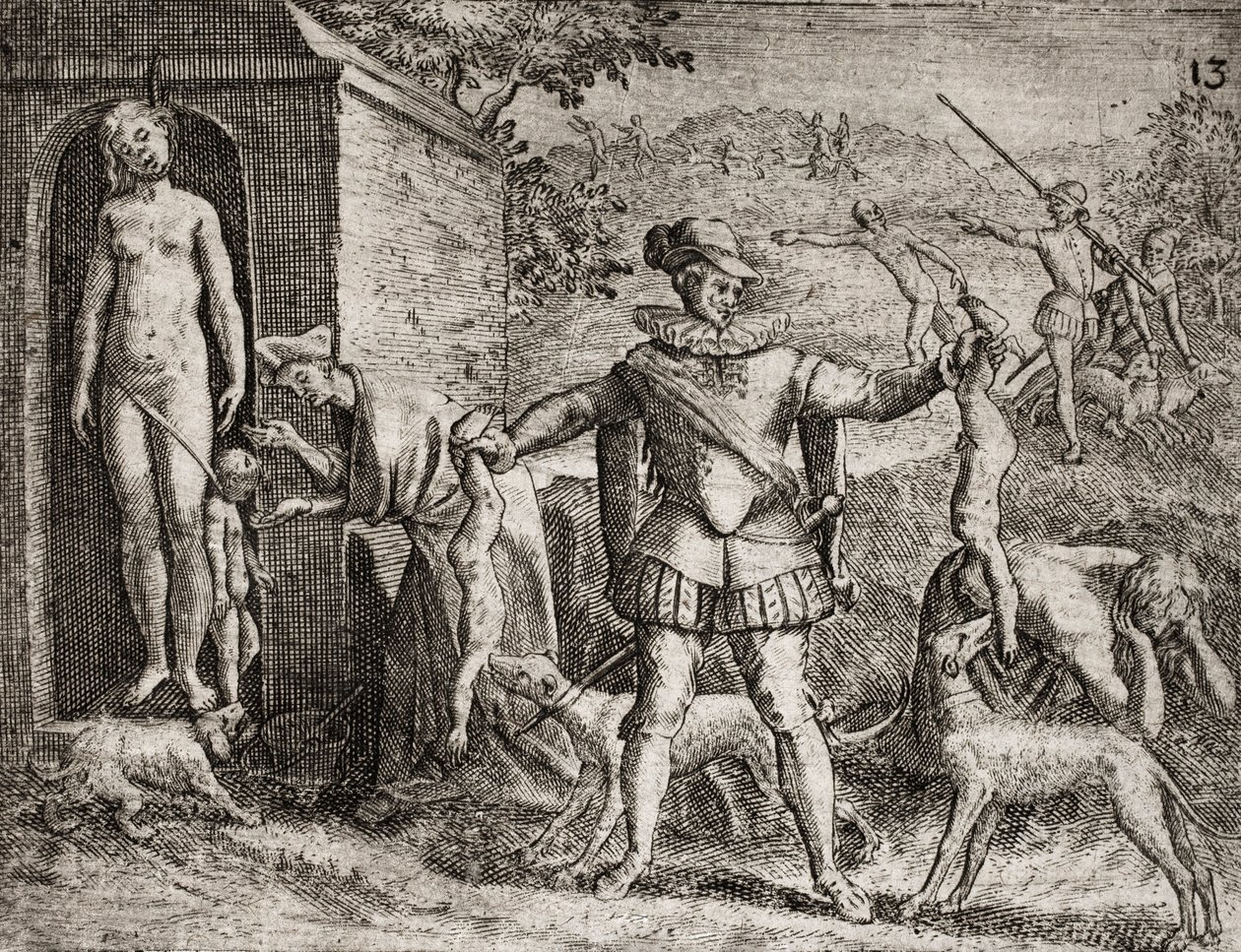 Beschreibung der von spanischen Siedlern an Indianern verübten Verbrechen - Spanische Konquistadoren massakrieren indianische Frauen und Kinder. Hängen. Kinder den Hunden zugeworfen - Gravur von Theodore de Bry in „Narratio regionum indicarum per Hispanos  von Theodore de Bry