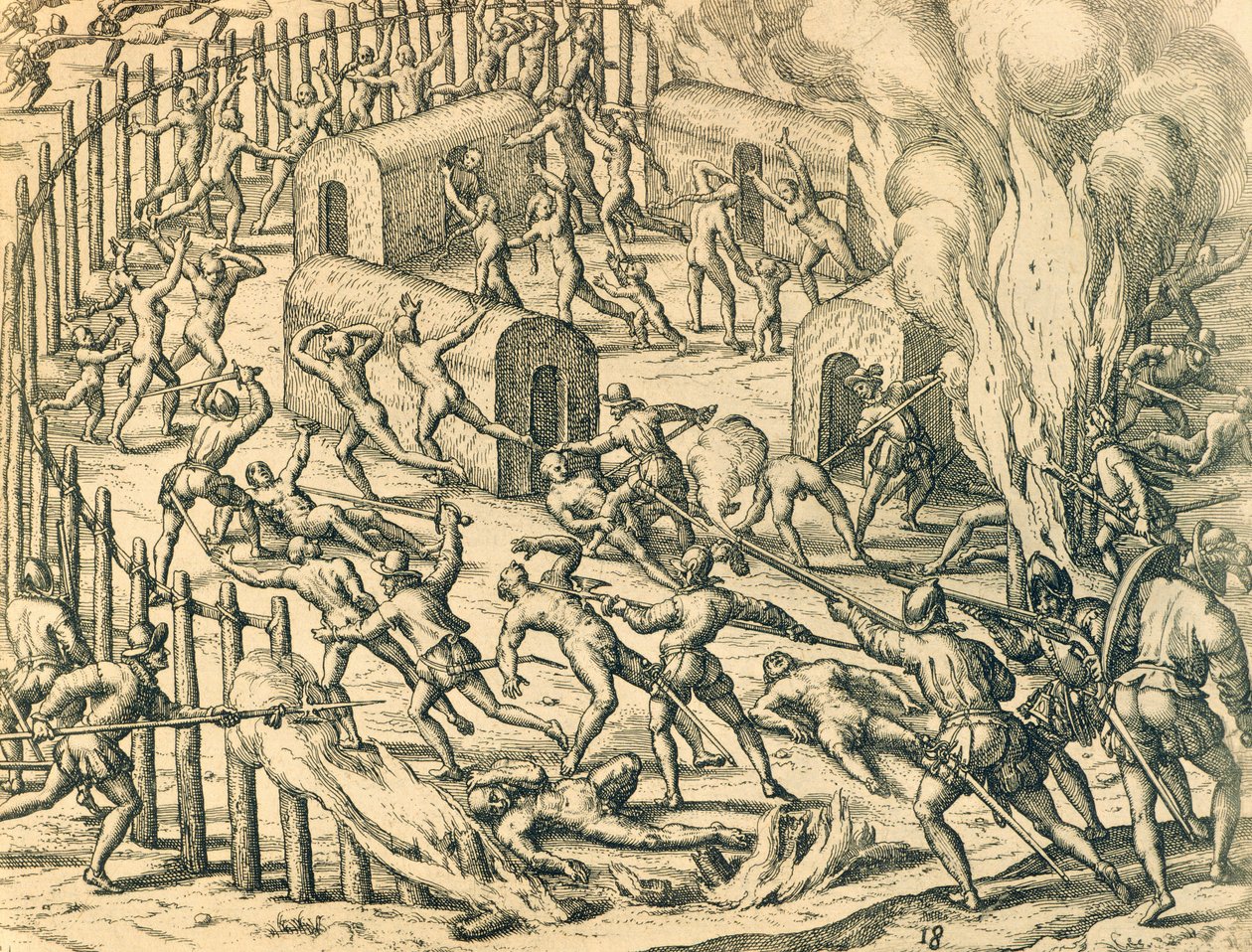 Europäische Eroberer greifen ein Indianerdorf an, Illustration aus der amerikanischen Geschichte von Theodore de Bry von Theodore de Bry