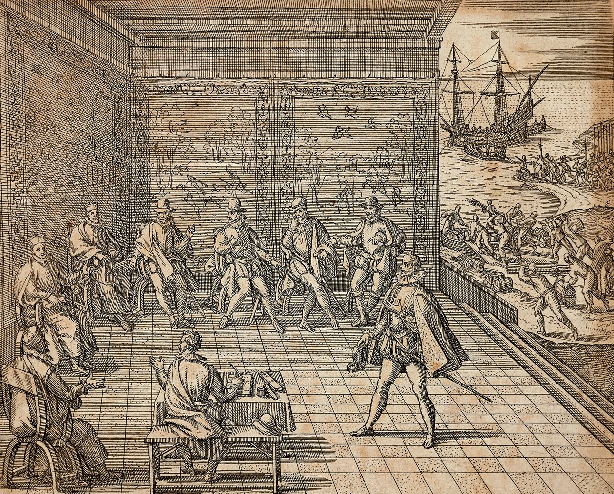 Francesco Pizarro bereitet sich auf seine Expedition nach Südamerika vor von Theodore de Bry