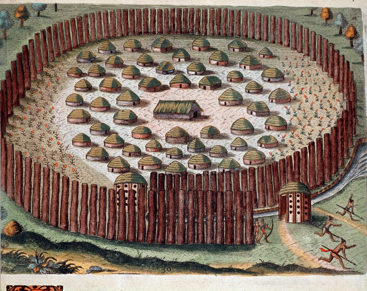 Geschichte Amerikas: „Darstellung eines befestigten Indianerdorfes in Florida“ Gravur aus „Admirante Narratio Americae“ von Theodor de Bry (1528-1598) von Theodore de Bry