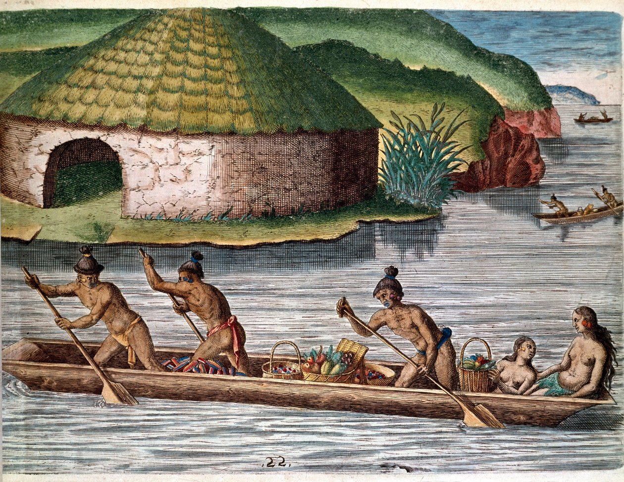 Geschichte Amerikas: „Der Transport von Lebensmitteln auf Booten“ Gravur aus „Admirante Narratio Americae“ (Geschichte Amerikas) von Theodore de Bry (1528-1598) von Theodore de Bry