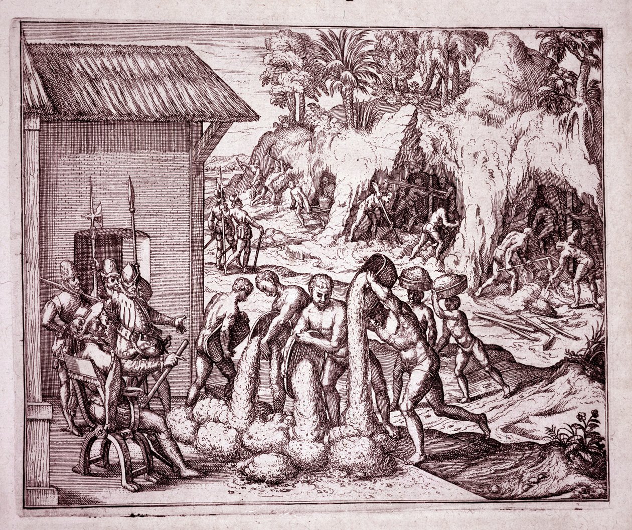 Geschichte Amerikas: Die Spanier nutzen die Goldminen aus (Gravur) von Theodore de Bry
