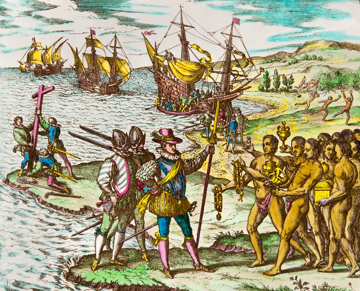 Geschichte Amerikas: Der Entdecker Christoph Kolumbus (1451-1506) wird bei seiner Ankunft in der Neuen Welt von den Indianern begrüßt. Gravur von Theodore De Bry (1528-1598) Gravur des 16. Jahrhunderts von Theodore de Bry