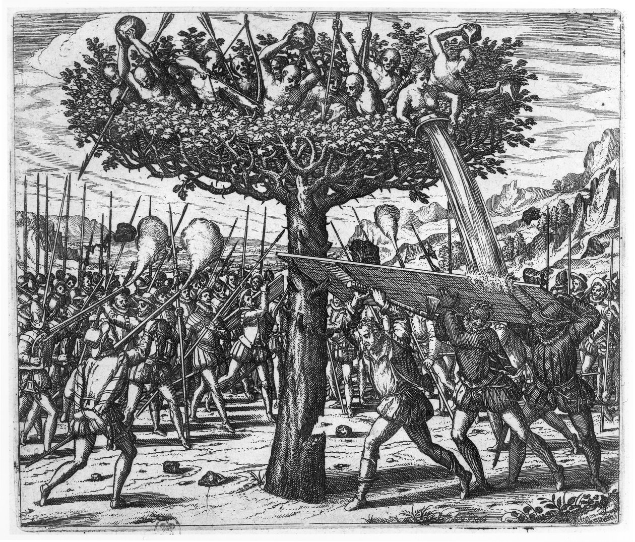 Indianer auf einem Baum, die Projektile auf die Spanier werfen von Theodore de Bry