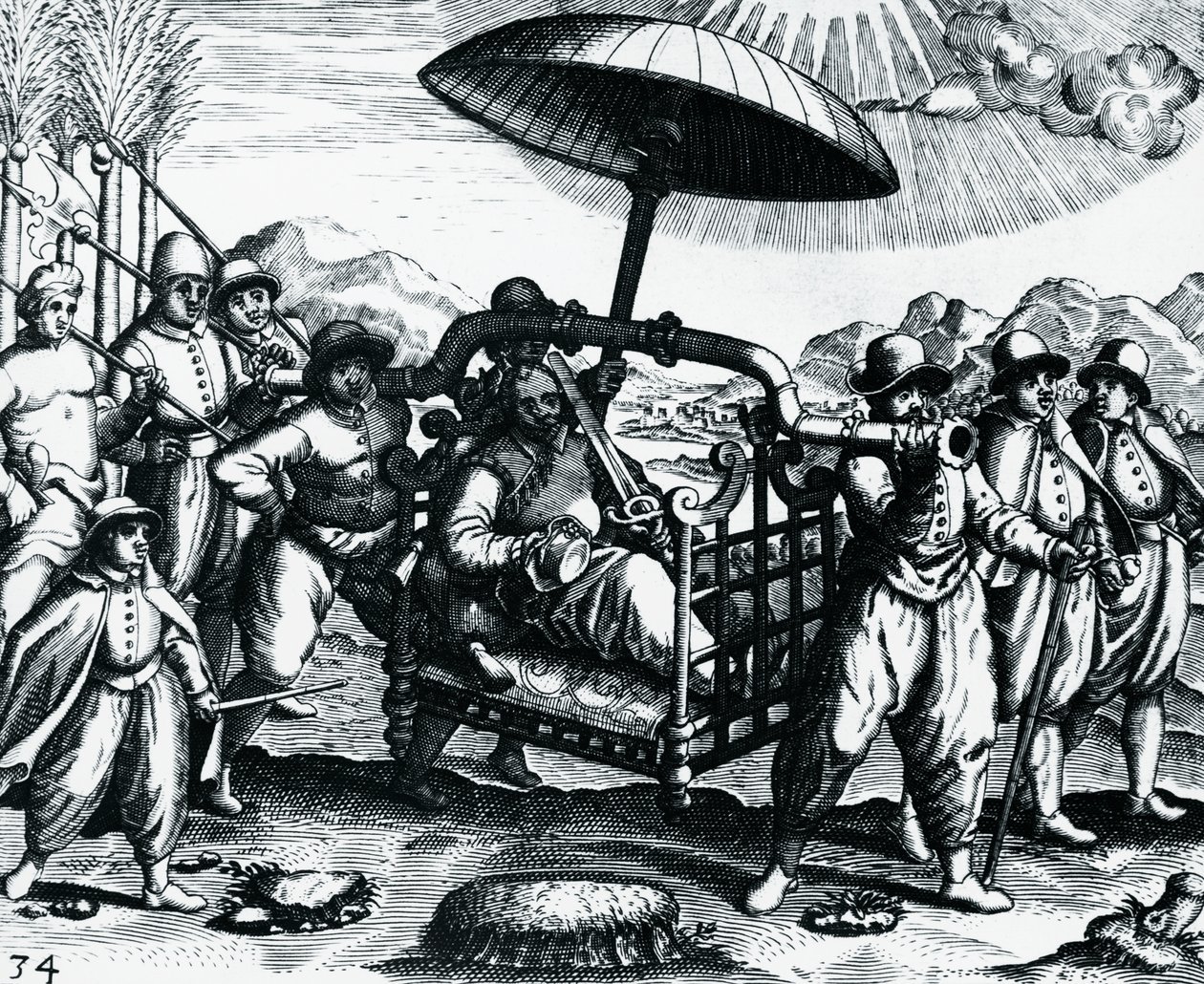 Portugiesen in Indien, auf einer Sänfte transportiert von Theodore de Bry