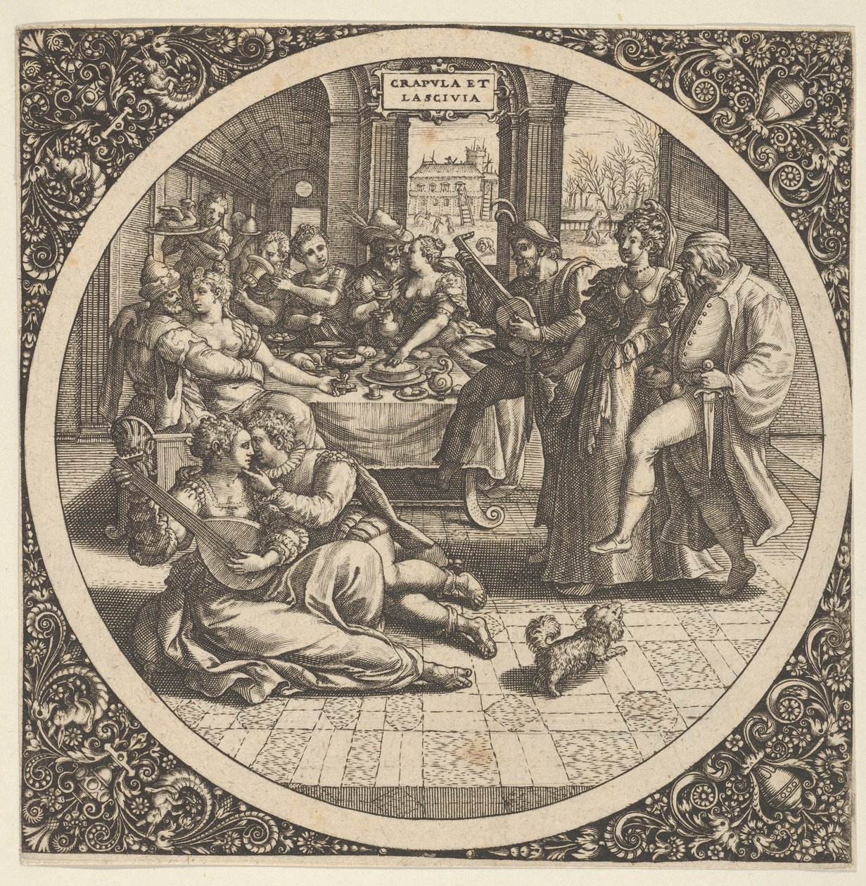 Szene mit Galanten bei einem Bankett in einem Kreis in der Mitte, 1580-1600 von Theodore de Bry