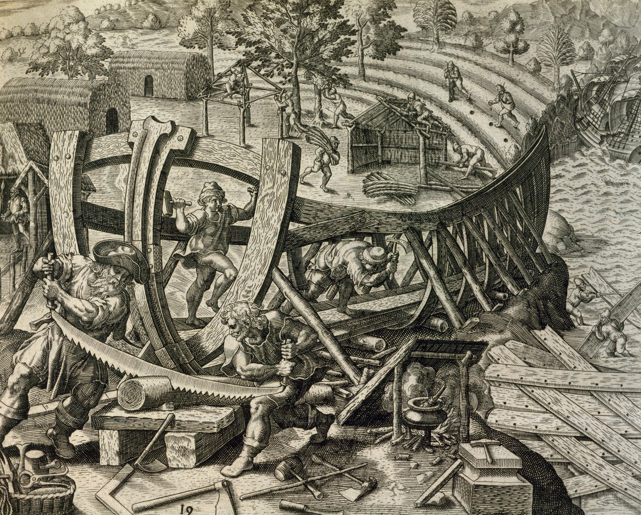 Spanische Seeleute bauen eine Karavelle, Gravur aus Historia Americae, von Theodor de Bry von Theodore de Bry