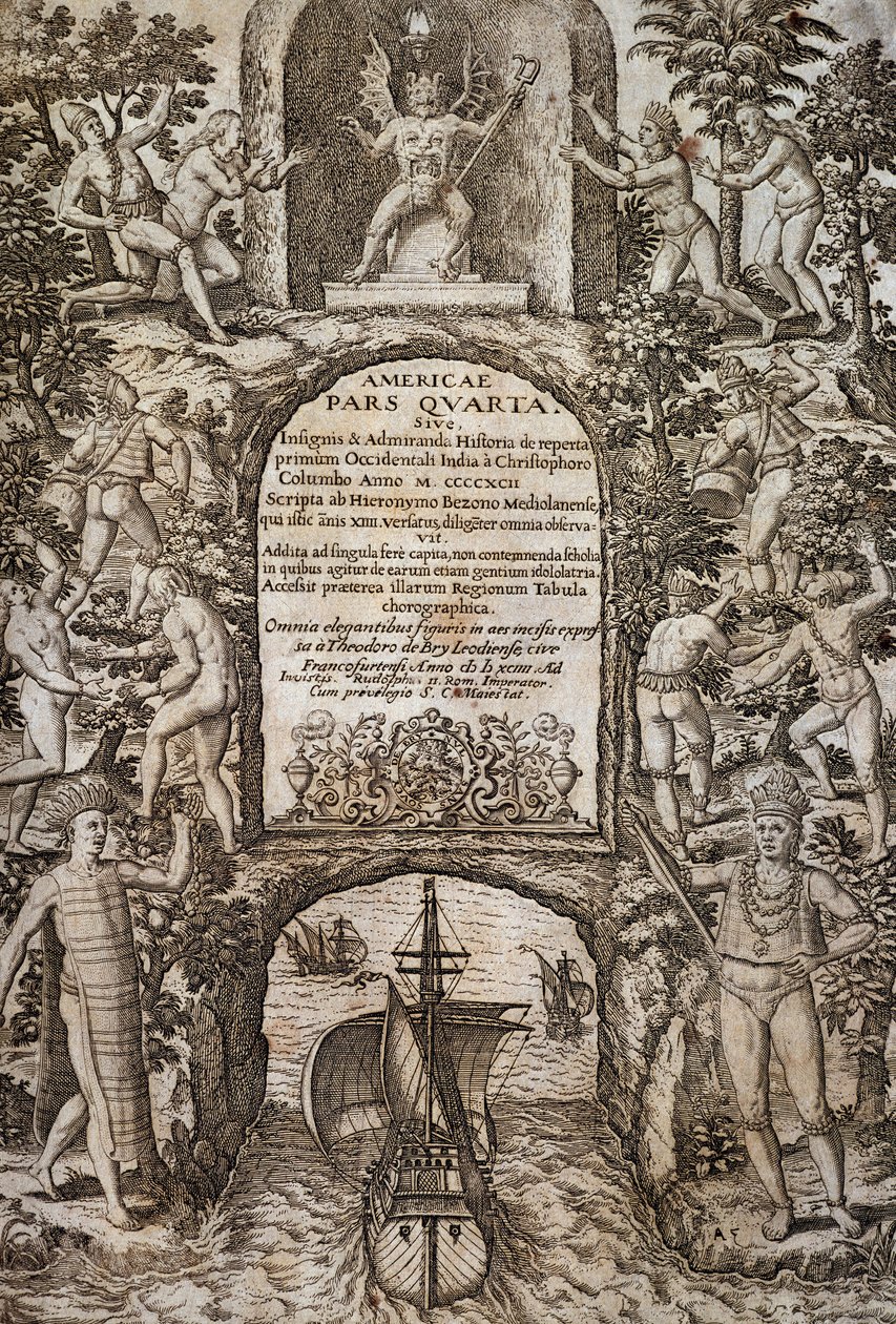Westindien oder Amerika, von Theodor de Bry, Frontispiz, Gravur von Theodore de Bry